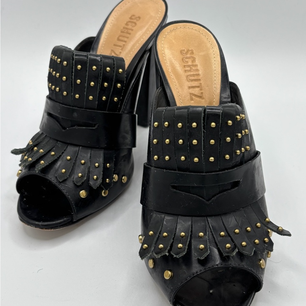 SCHUTZ Black and Gold Studded Mules